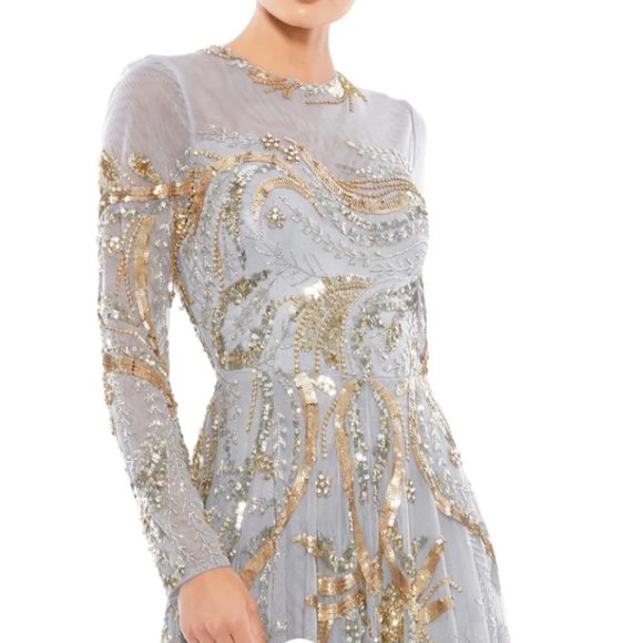 MAC DUGGAL 5217 LONG SLEEVE EMBELLISHED ILLUSIONS NECK PLATINUM/GOLD GOWN sz 18 - Picture 3 of 6